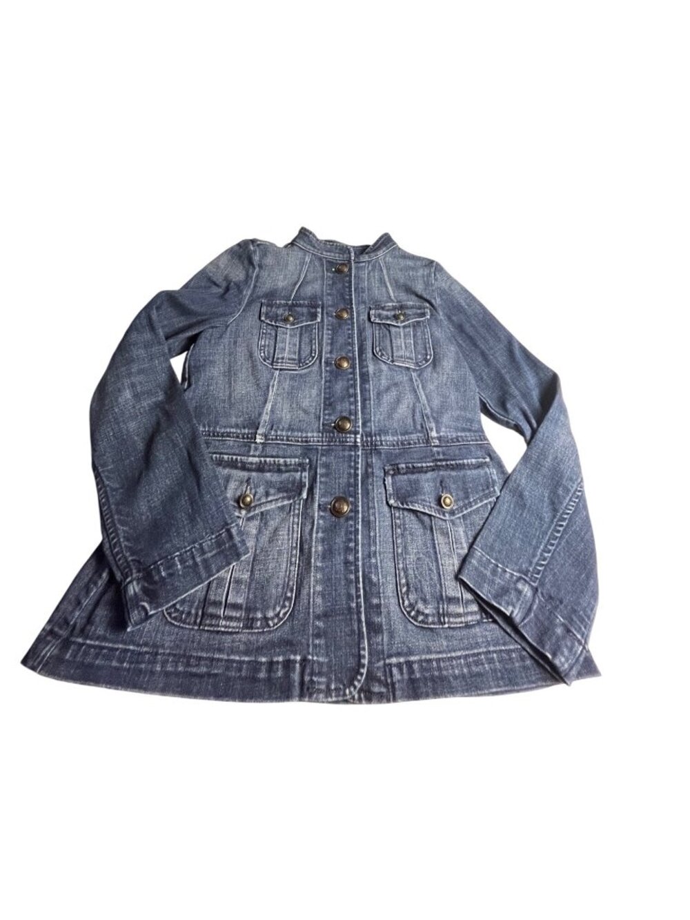 Talbots Denim Jean Jacket XS Button Front Mandarin Collar Fitted Waist Pockets